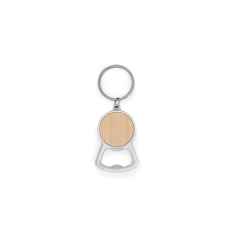Meeko. Iron Keychain With A Round Shape In Zinc And Bamboo