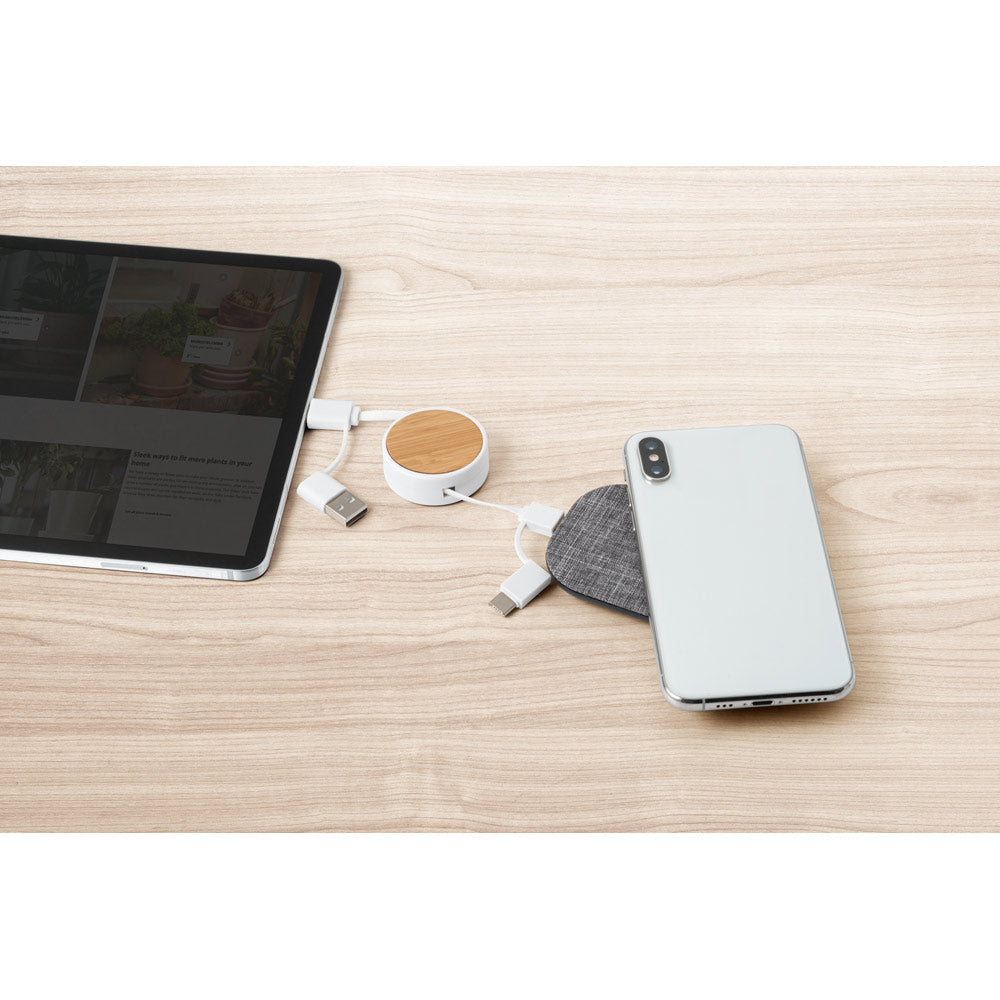 Rubins. 6-In-1 Retractable Usb Cable In Recycled Abs (100% Rabs) And Bamboo