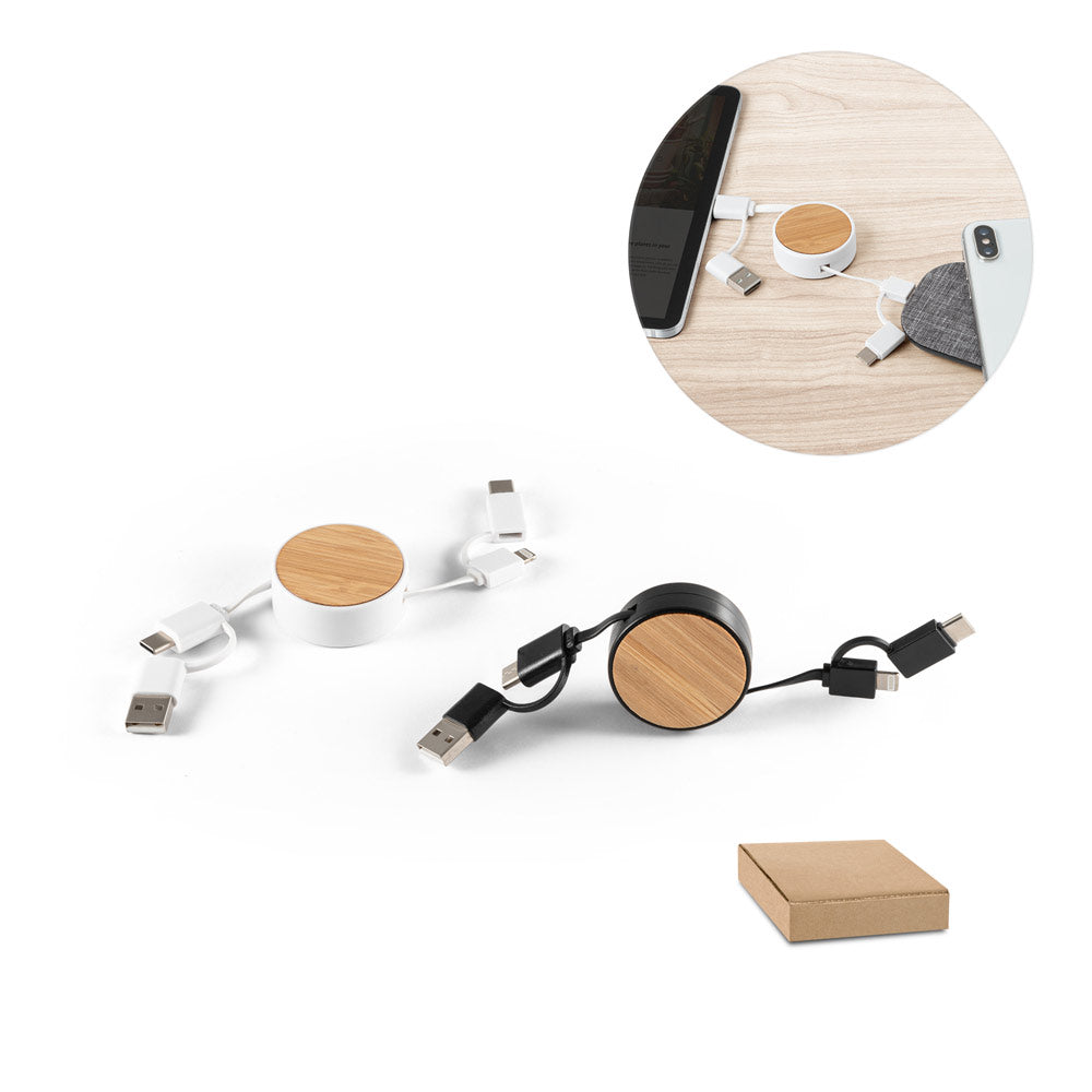 Rubins. 6-In-1 Retractable Usb Cable In Recycled Abs (100% Rabs) And Bamboo
