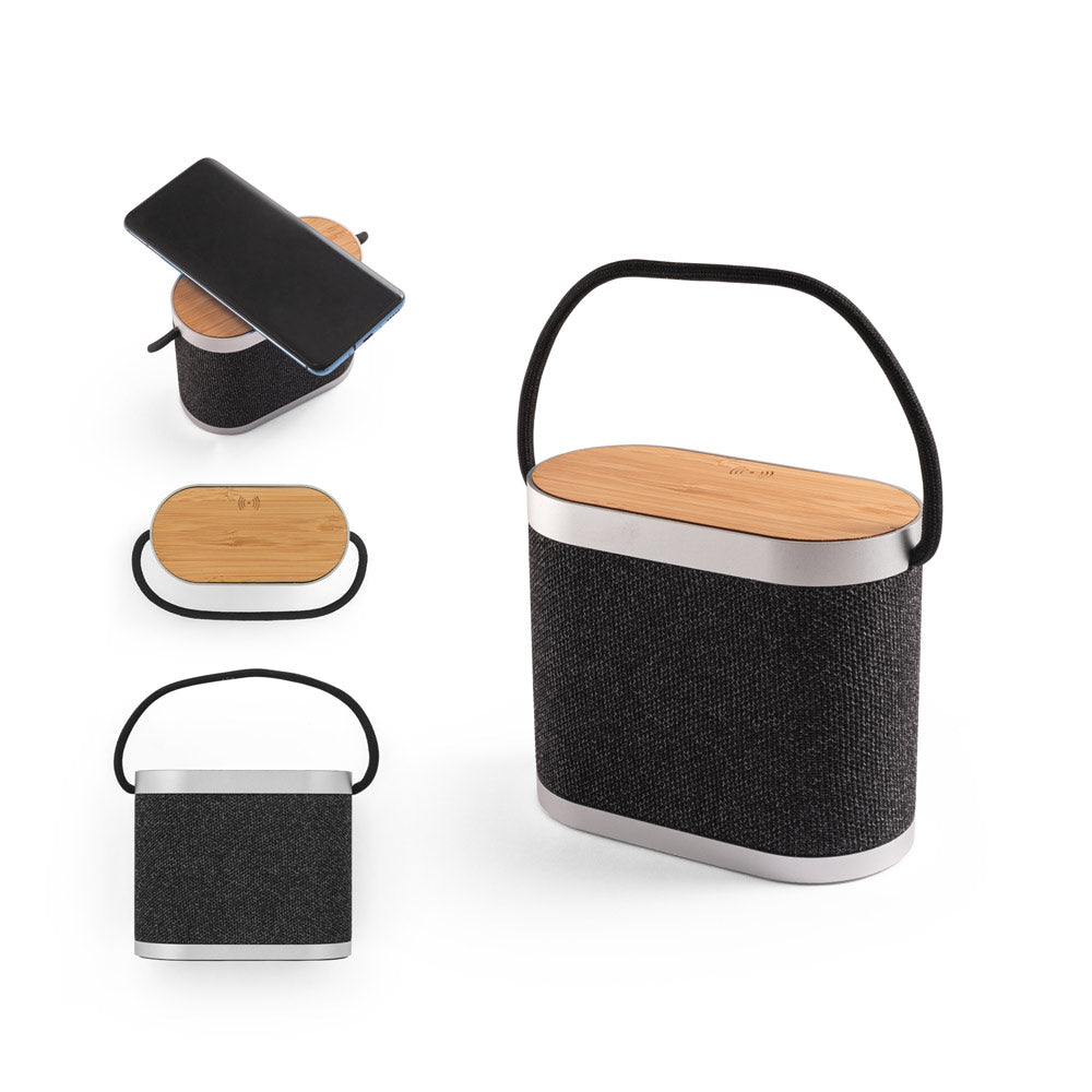 Guetta. 5W Portable Speaker With Super-Fast 15W Wireless Charger And 2H Battery Life Made Of Bamboo And Recycled Pet (100% Rpet)