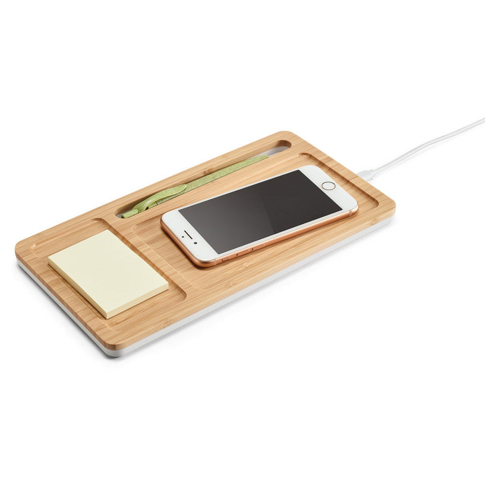 Mott. Desktop Organiser With 15W Wireless Charger In Bamboo And Abs