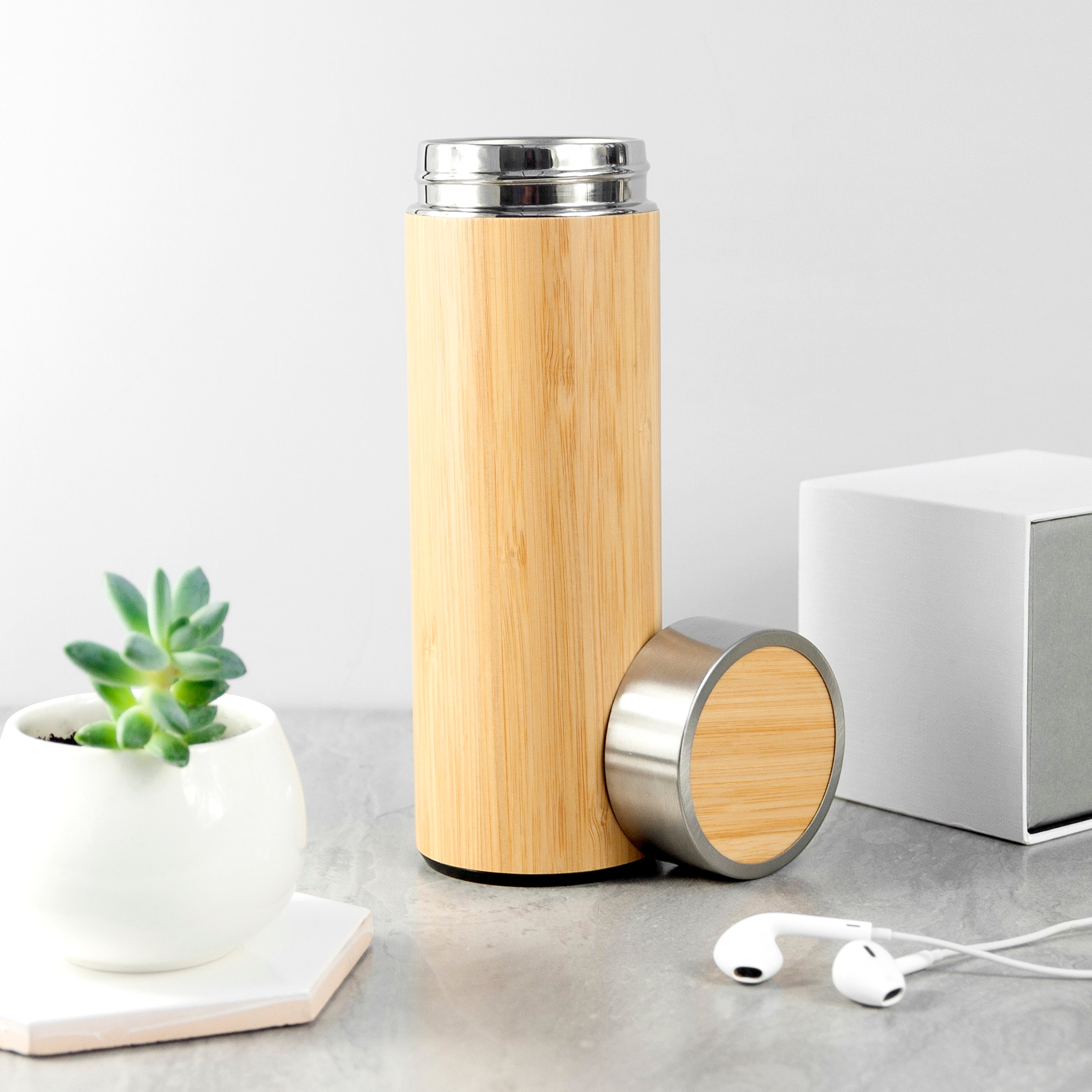 Double Walled Bamboo Vacuum Flask with Tea Strainer