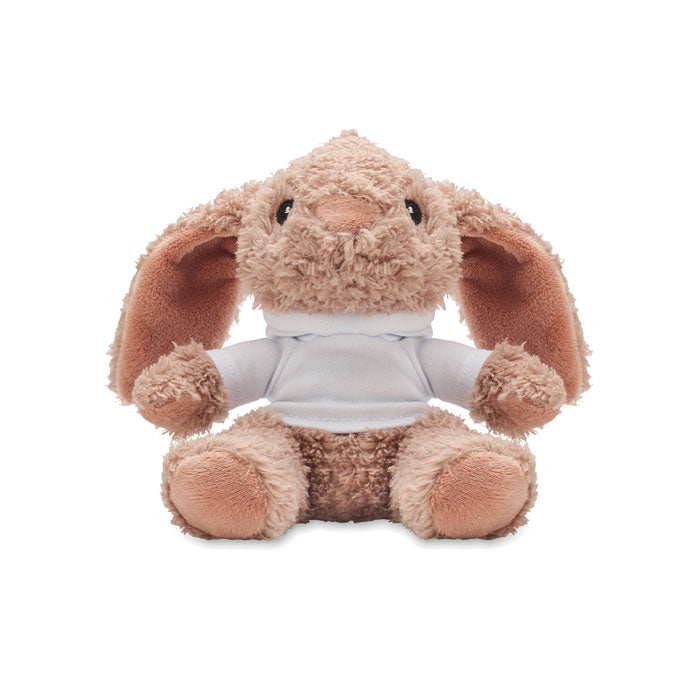 Bunny plush wearing a hoodie