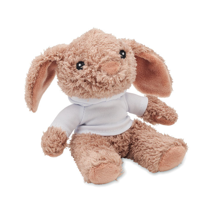 Bunny plush wearing a hoodie