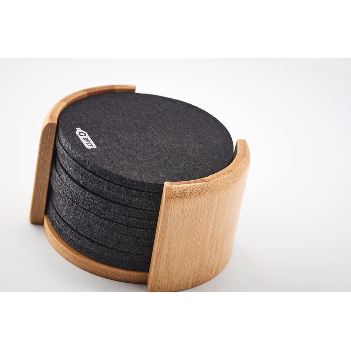 RPET coasters in bamboo holder